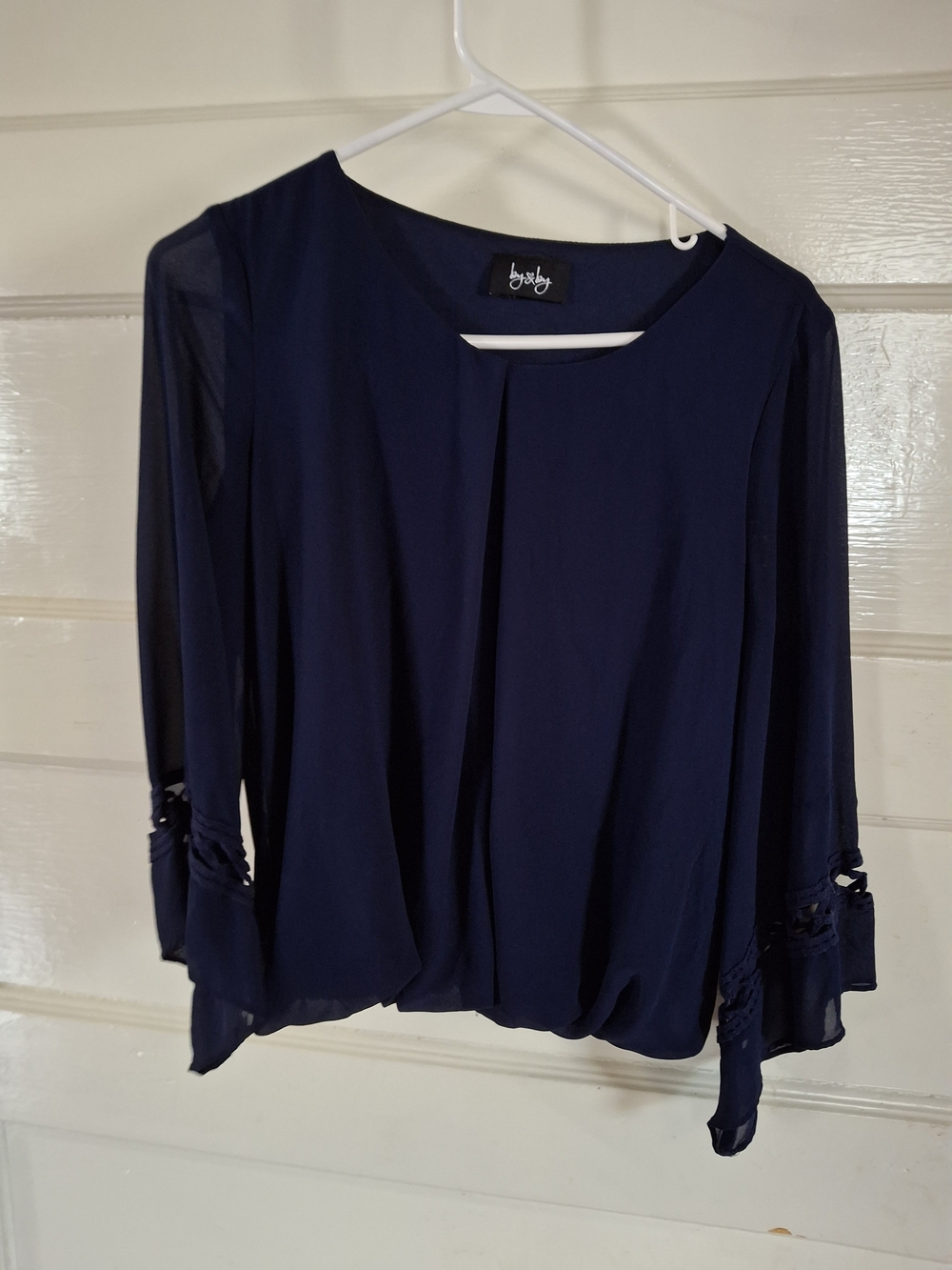 By & By Navy Blue Sheer Crochet Sleeve Blouse Size M (CFD110)